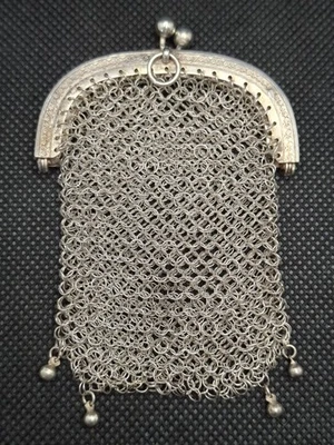 Ancienne Bourse Aumônière Porte Monnaie Cote De Maille En Argent Massif Sanglier - Photo 1/4