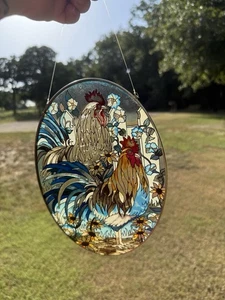 Amia Stained Glass Suncatcher Hand Painted Chicken Rooster Sunflowers Denver - Picture 1 of 10