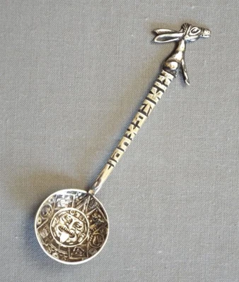 Cuchara de recuerdo vintage Taxco México 900 plata burro dios sol azteca 4" L Foto 1 de 4