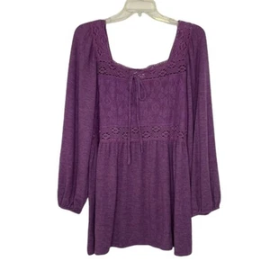 Suzanne Betro Weekend Crochet Bodice Square Neck Babydoll Purple Tunic Top Large - Picture 1 of 11