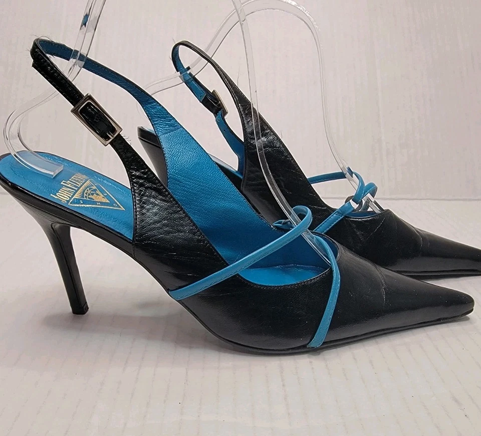 Tacones traseros John Fluevog 10 Cougar Tibby puntiagudos Stilleto negro turquesa Foto 1 de 4