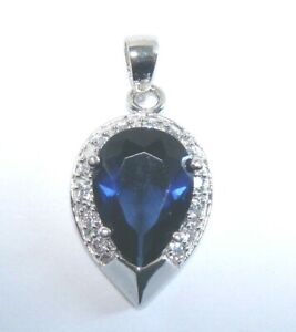 925 Sterling Silver White & Blue created Sapphire Drop Pendant Platinum Finish