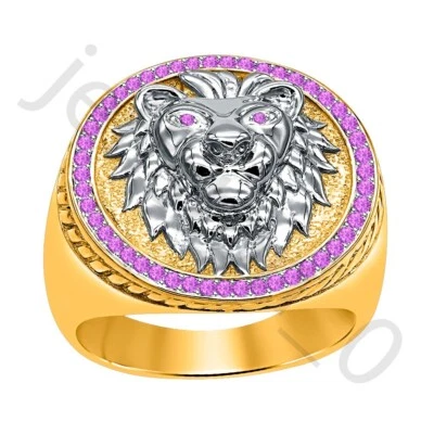 Anillo de hombre de oro bicolor de 14 quilates de amatista creada en laboratorio de 0,40 quilates sobre león de boda Foto 1 de 4