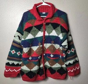 100% Wool Handmade in Equador Chunky Knit Colorful Cardigan - Picture 1 of 10