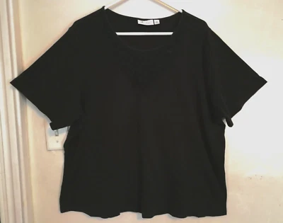 Denim & Co Womens Sweater 2X Plus Black Floral Knit Blouse Top Short Sleeve - Image 1 of 4