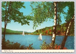 Indian Summer auf einsamem See mit Segelbooten, Panoramablick, alte Postkarte - Bild 1 von 2