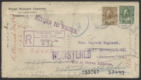 1926 Toronto Mount Pleasant Cemetery Cover with Enc., Registered, Returned Cover