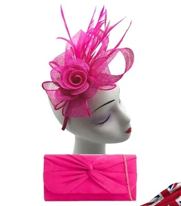 Fuchsia Fascinator & Evening Clutch bag Set Women Flower Headband Clip Wedding - Picture 1 of 10