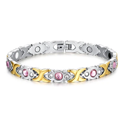 Women Shiny Stainless Steel Pink Rhinestone Magnetic Bracelet Cuff Bangle Link - Image 1 of 4
