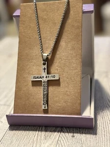 Stainless Steel Cross Necklace with Bible Verse Isaiah 41:10 Christian Jewelry - Picture 1 of 1
