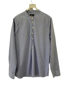 A.P.C. Men’s Blue Check Plaid Grandad Collar Shirt Size S Long Sleeve Cotton #C4 - Picture 1 of 8