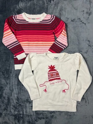 Lote de 2 suéteres femininos OshKosh tamanho 6 pulôver listrado branco rosa 100% algodão - Imagem 1 de 4