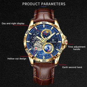 GLENAW Rotating Earth Double Second Hand Armbanduhr Herren Automatik Mechanisch - Bild 1 von 20