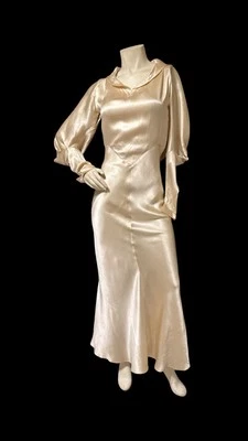 Antique 1920s 1930s Bias Cut Liquid Satin Wedding Gown Leg Of Mutton Sleeves S - Image 1 of 4
