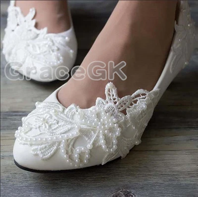 Zapatos de Boda Encaje Blanco Marfil Cristal Zapatos de Novia Zapatos de Tacón Alto Bajo Talla 5-12 Foto 1 de 4