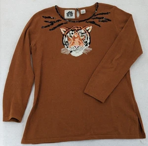 Vintage Women's STORYBOOK KNITS Sequin TIGER SWEATER Sz M Pullover - Picture 1 of 14