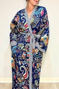 Cotton Kimono Dressing Gown, Blue Bridesmaid Robe, Mukut Print Nightwear Dress - Picture 1 of 7