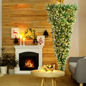 7.5 FT Pre-Lit Upside Down Christmas Tree Artificial Snowy  Inverted with Lights - Picture 1 of 11