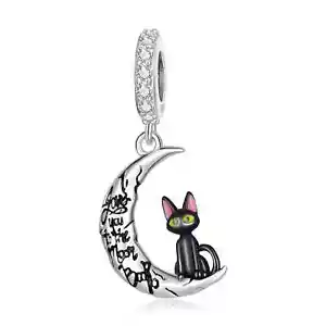 Charms Anhänger Silber 925 Charm Schwarze Katze & Mond Weihnacht Frauen Geschenk - Bild 1 von 21
