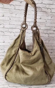 Elie Tahari Canvas Large Satchel Bag Braided Leather Trim Taupe Boho Lagenlook  - Picture 1 of 14