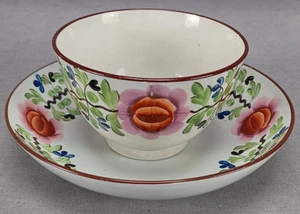 British Pearlware Enameled Red Pink & Blue Floral Tea Bowl & Saucer C. 1810 - Picture 1 of 14