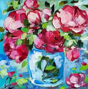 Original Ölgemälde Pfingstrose Rose Blumen Vase Kunstwerk Floral Wandbild 6*6 Zoll - Bild 1 von 13