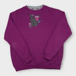 Purple Blair Black Kitty Cat Floral Crewneck Sweatshirt Size M Grandma Animal - Picture 1 of 5