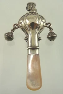 MOTHER OF PEARL & STERLING VICTORIAN BABY RATTLE BY C&N BIRMINGHAM 1925 AS FOUND - Picture 1 of 7