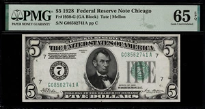 1928 $5 Federal Reserve Note Chicago FR. 1950-G - PMG 65 EPQ - Numeric #7 - Picture 1 of 2