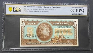 *PERFECTION* $5 SERIES 692 MILITARY PAYMENT CERTIFICATE PCGS SUPERB GEM 67PPQ - Picture 1 of 2