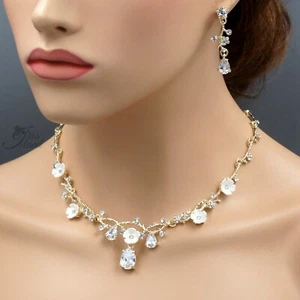 Women Floral Crystal Zirconia Necklace Earrings Bridal Wedding Jewelry Set 09853 - Picture 1 of 7