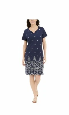 NWT Karen Scott WOMENS  Embroidered Split-Neck Dress In Intrepid Blue P2700 - Image 1 of 4
