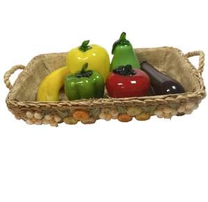Vintage Murano Style 6 Piece Blown Glass Fruit's & Vegetable Vtg Rafia Basket - Picture 1 of 12