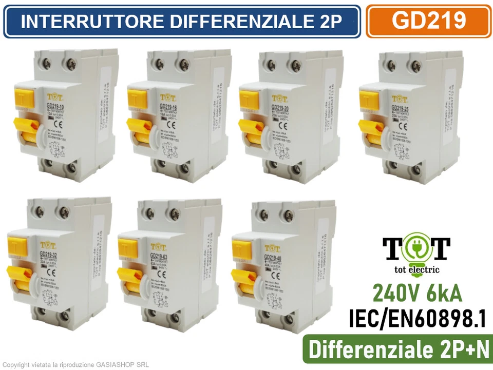 INTERRUTTORE DIFFERENZIALE BARRA DIN 2P+N 240V 6KA 10A 16A 20A 25A 32A 40A 63A - Immagine 1 di 1