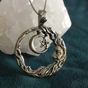 Celestial SS 925 MAN IN THE MOON Wicca Pagan Pendant w/ 18” Box Chain Necklace - Picture 1 of 5