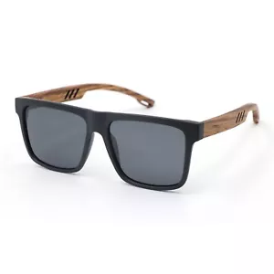 Polarised Sunglasses - Square Retro Frame - Wooden Arms Matte Finish - Polarized - Picture 1 of 3