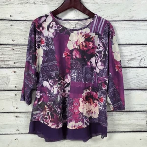 Camicetta tunica Christopher & Banks XL floreale patchwork viola orlo trasparente manica a 3/4 - Foto 1 di 8