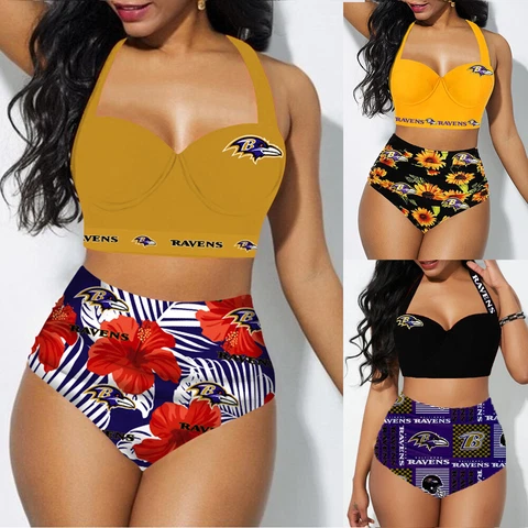 Baltimore Ravens 2PCS Women's Floral Bikini Butt Lift Swimsuit Bathing Suit Cover