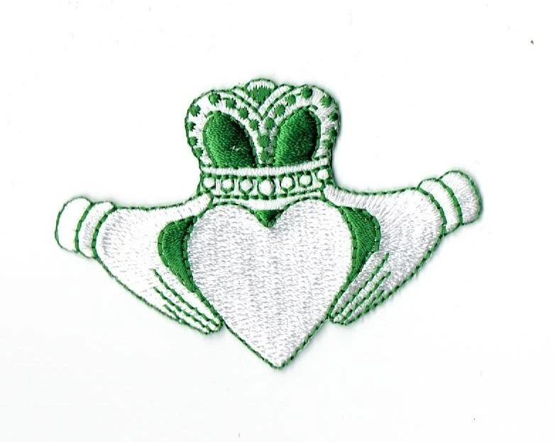 Iron On Embroidered Applique Patch Green White Irish Claddagh Love Friendship - Image 1 of 1
