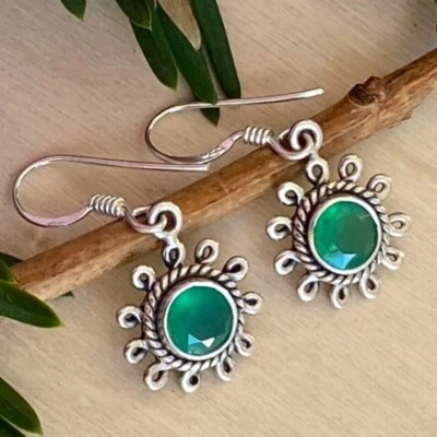 925 Argento Sterling Verde Onice Cabochon Rotondo Fatto a Mano Orecchini - Immagine 1 di 4