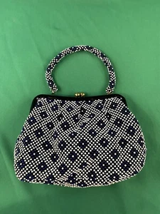 Vintage Blue White Beaded Purse Handbag Satchel Kiss Lock Close Retro Gorgeous  - Picture 1 of 9