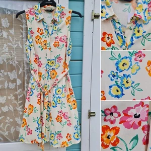 F&F Womens Cream Shirt Dress Size 10 floral sleeveless belted orange blue RRP£22 - Picture 1 of 14