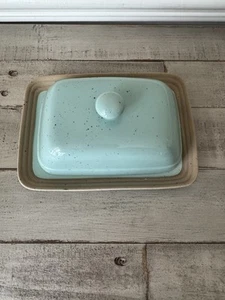 Robin Egg Blue And Tan Covered Butter Dish W/ Lid Speckled Double Size Easter - Picture 1 of 3