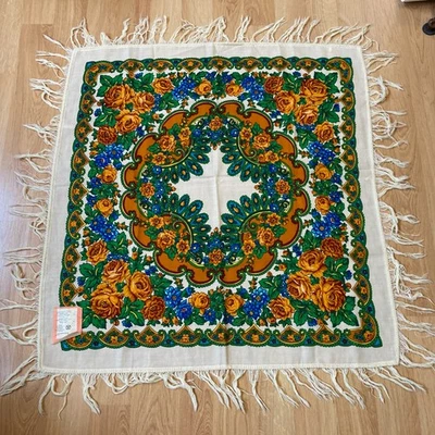 Russian Babushka Scarf/Shawl USSR Floral Roses, Rust, Green & Blue, NEW w Tag - Image 1 of 4