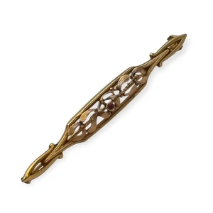 Oria Art Nouveau Brooch in Gold Laminated with Hollow Flower and Red Crystal, Circa - Picture 1 of 11