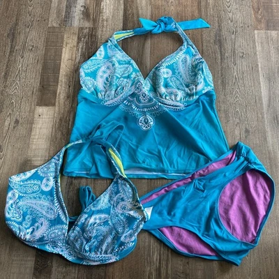 Sujetador Athleta Halter Copa Paisley Tankini Natación Top 42 D/40 DD Bikini Alambre L 3 piezas Foto 1 de 4