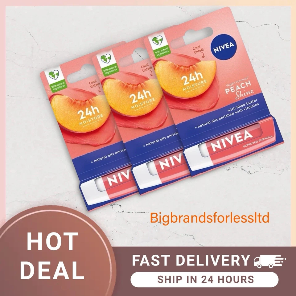 3 X Nivea PEACH SHINE Lip Balm With Shea Butter Natural Oil  With Vitamin - Image 1 of 1