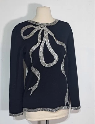 Suéter de Lana Negro Vintage Años 80 Plateado Lentejuelas Lazo Adrienne Vittadini Talla S Foto 1 de 4