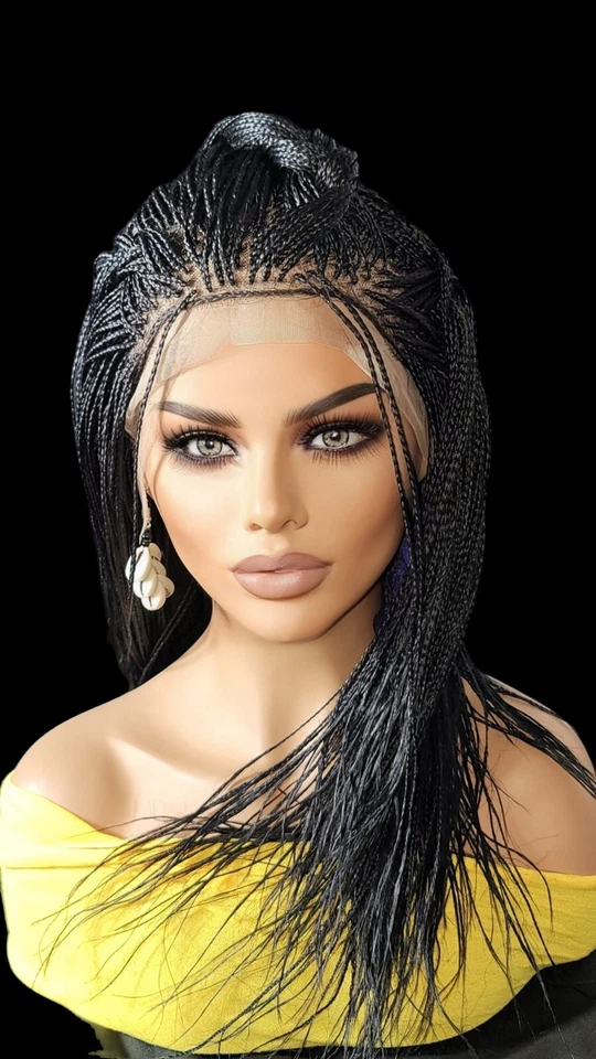 Peluca trenzada a mano de encaje completo color # 1 negro azabache micro millón trenzas - peluca larga  Foto 1 de 4