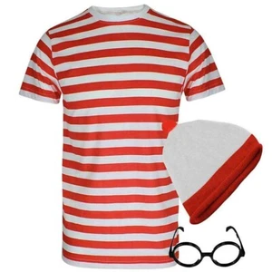Kinder rot weiß gestreiftes T-Shirt Zylinder Hut Brille Buch Tag Weihnachten Kostüm - Bild 1 von 5